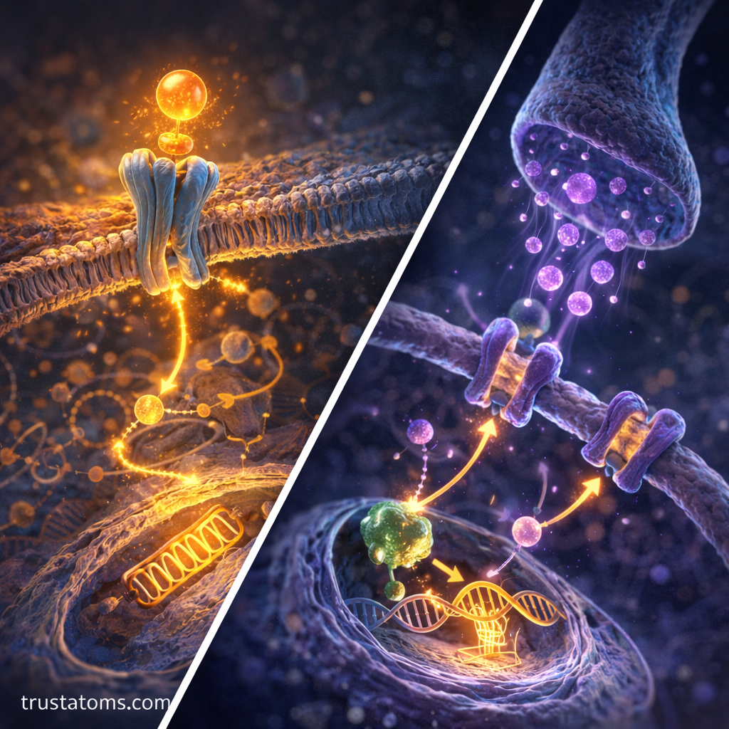 Split diagram illustrating two types of cellular signaling: hormone receptor signaling through a cell membrane and neurotransmitter signaling across a synapse.