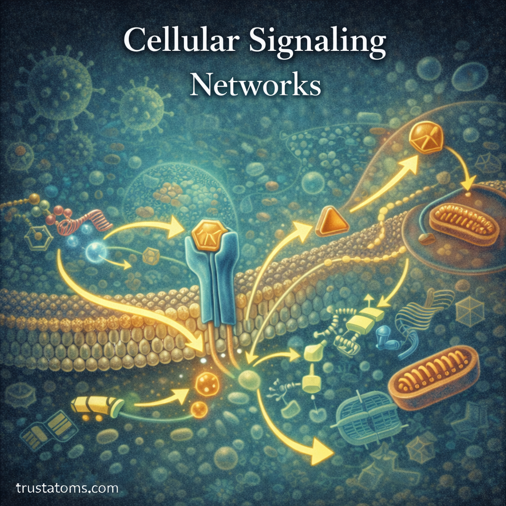 Illustration showing cellular signaling pathways with receptors on a cell membrane transmitting signals through molecular networks to influence gene activity.