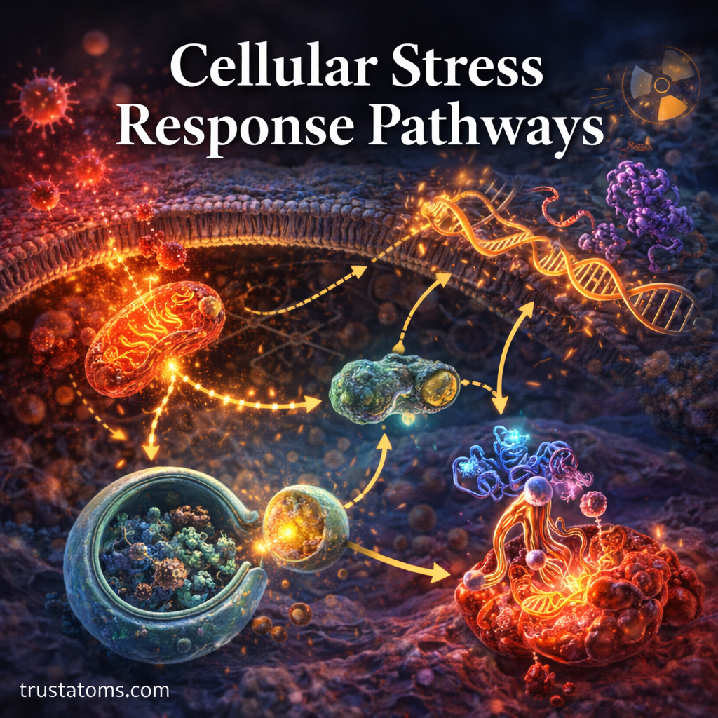 Illustration showing cellular stress response pathways including damaged DNA, mitochondria, and protein repair mechanisms inside a cell.