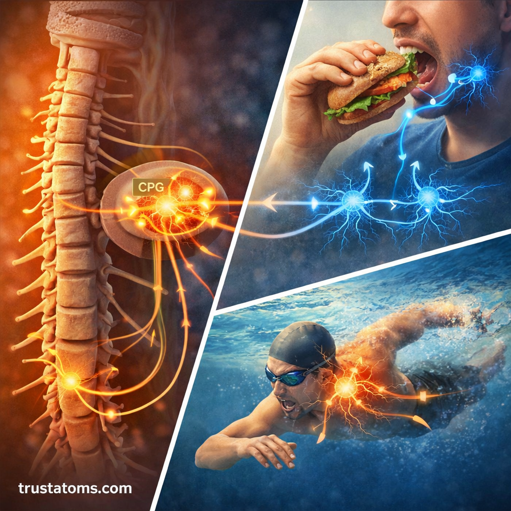 Split illustration of spinal cord central pattern generators and neural circuits controlling chewing and swimming movements.