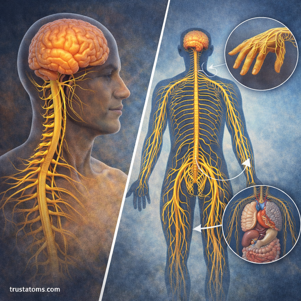 Split educational illustration showing the brain and spinal cord on one side and peripheral nerves connecting to the hand and internal organs on the other.