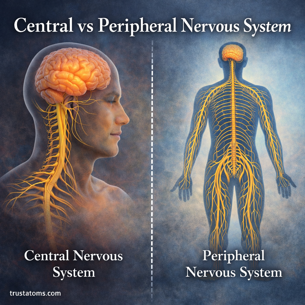 Side-by-side illustration comparing the central nervous system with the brain and spinal cord and the peripheral nervous system showing nerves throughout the body.