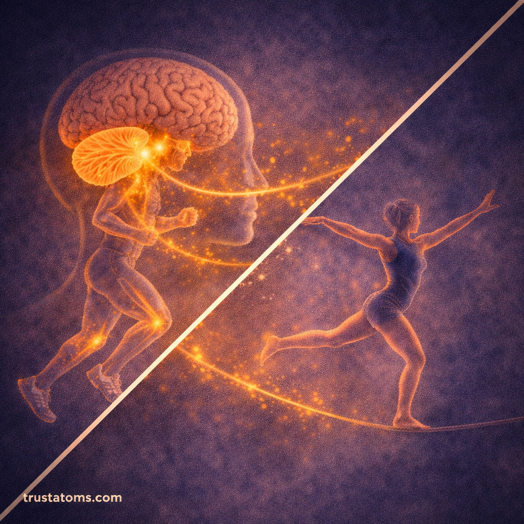 Split illustration showing the cerebellum coordinating running motion and balance control during tightrope walking.