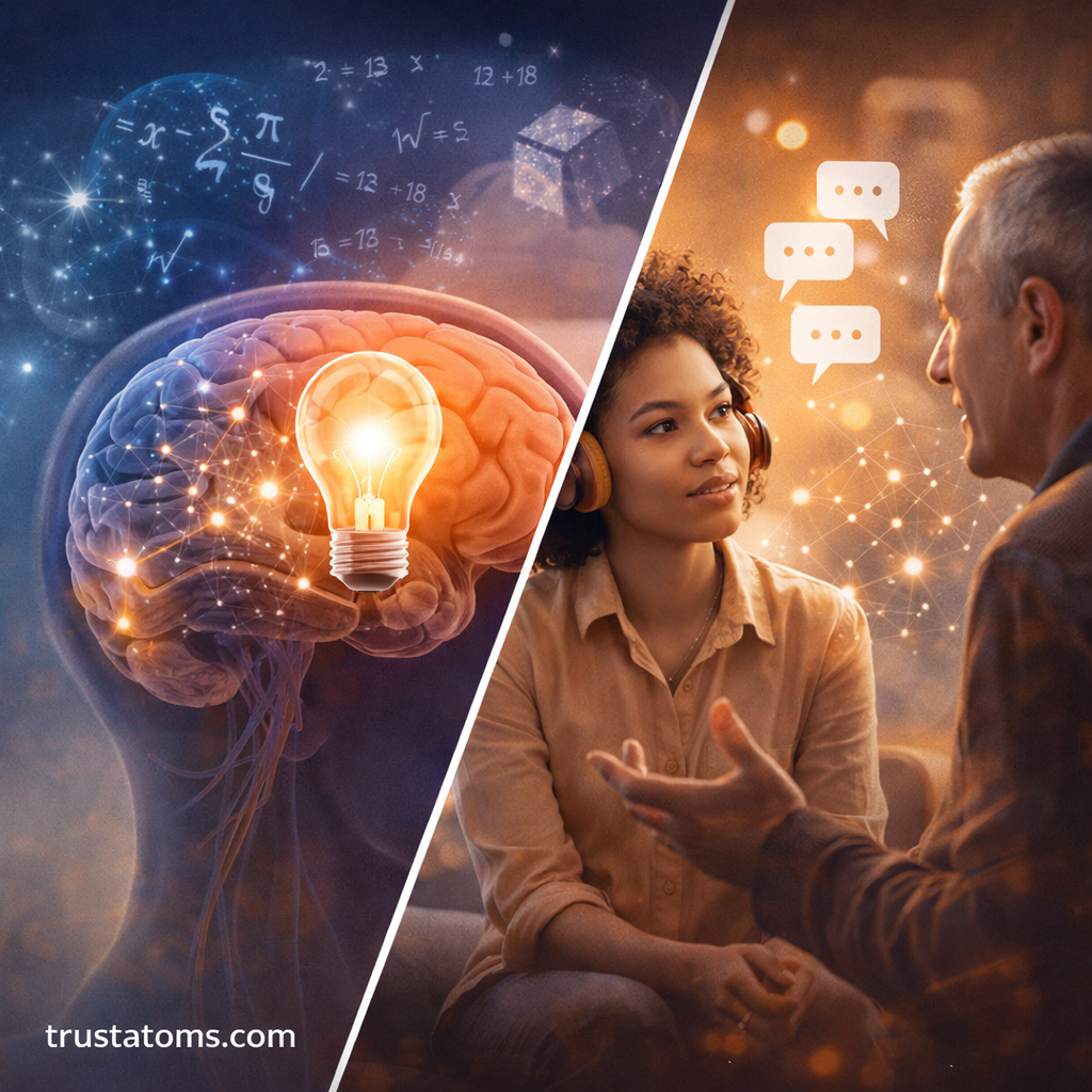 Illustration showing cerebral cortex activity with neural connections and a split scene of people communicating, representing higher brain processing and language comprehension.