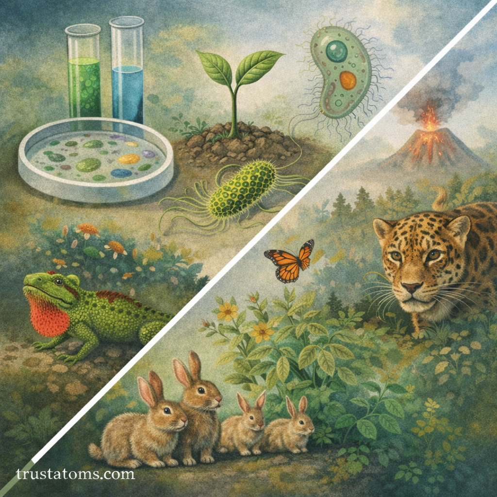 Split biology illustration showing microorganisms, plant growth, animals, and natural environments representing different characteristics of life.
