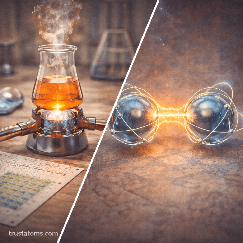 Illustration showing a laboratory reaction being heated and atoms forming a strong bond, representing chemical bond energy in reactions.