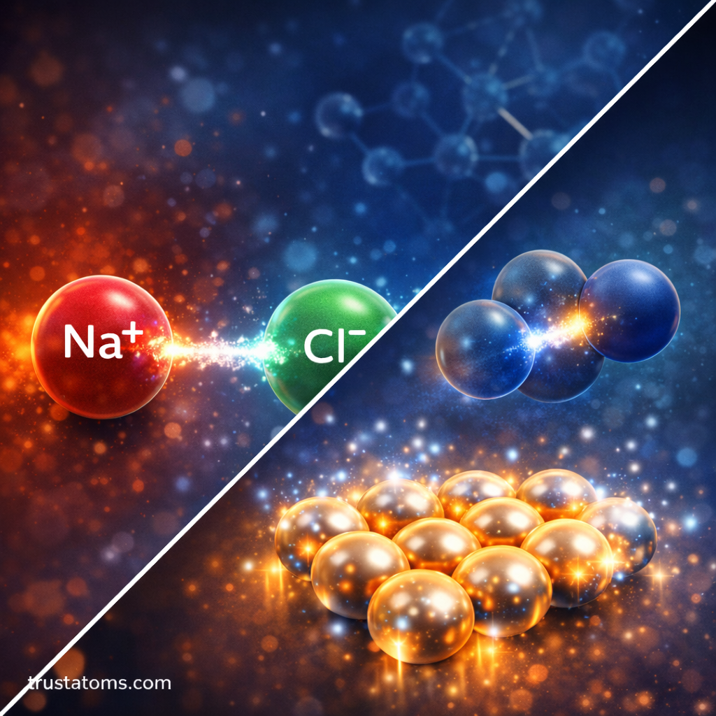 Split diagram illustration showing ionic, covalent, and metallic bonding with simplified atoms and trustatoms.com watermark.