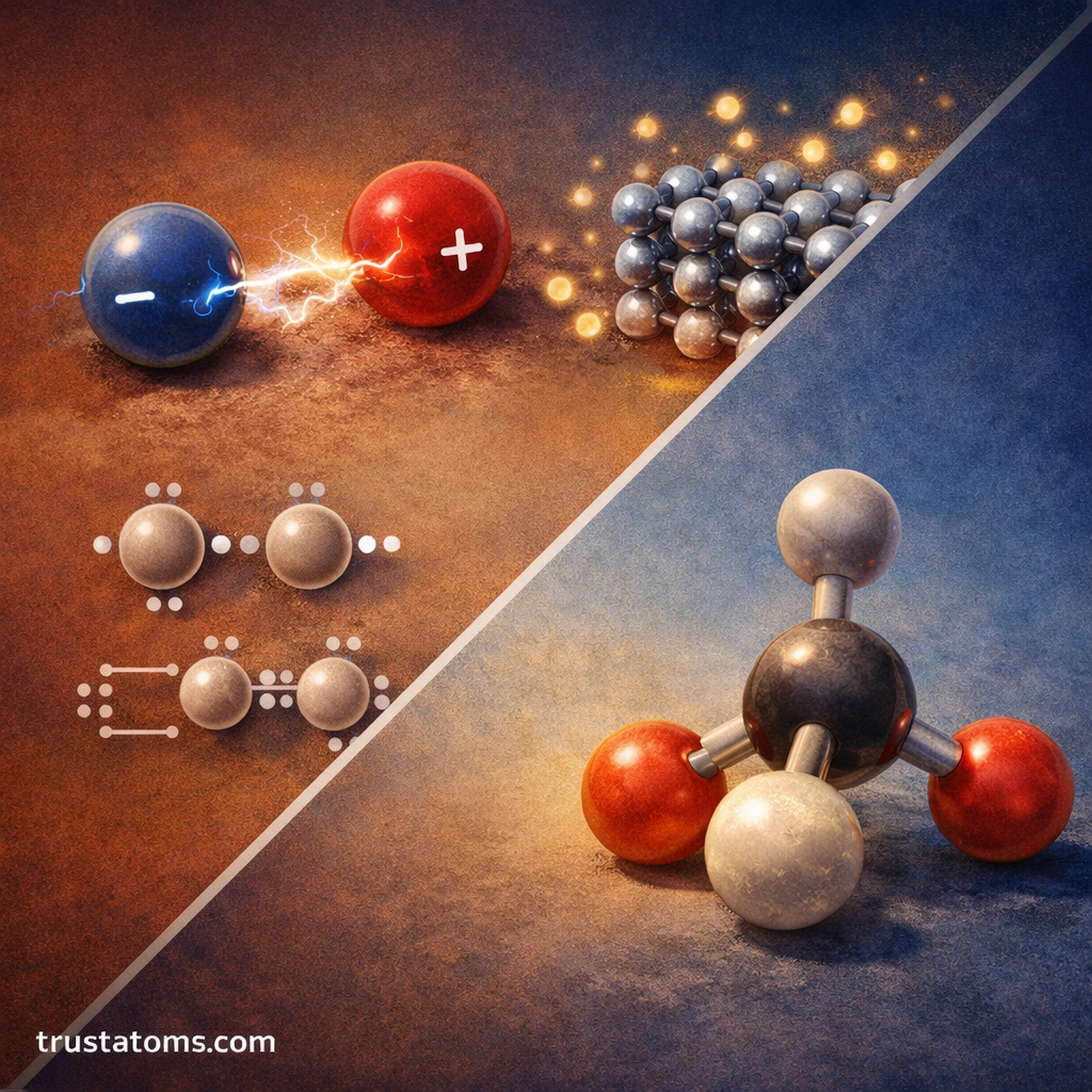 Split illustration showing different chemical bonding types including ionic bonding, metallic lattice bonding, and a covalent molecular model.