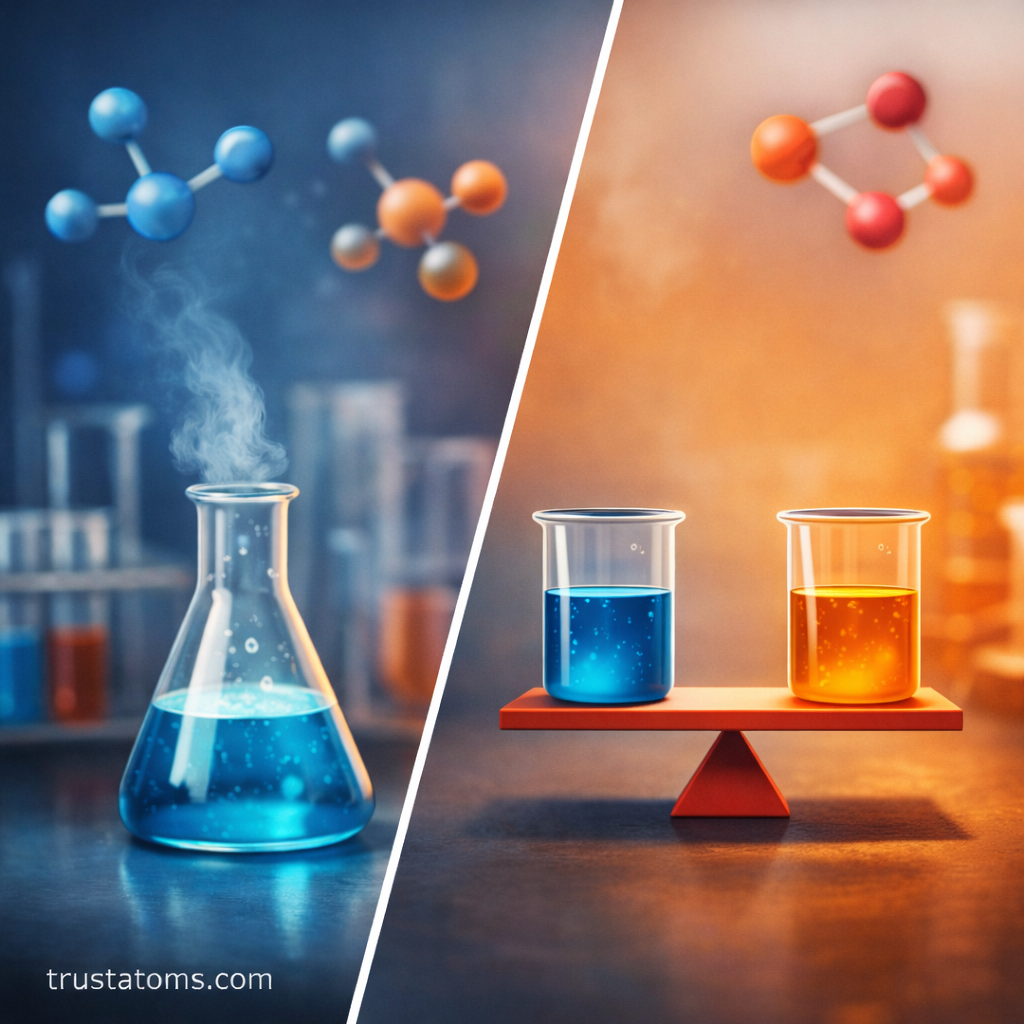 Illustration showing two beakers balanced on a scale representing the concept of chemical equilibrium in a reversible reaction.
