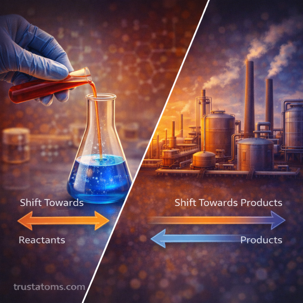 Split illustration showing a laboratory reaction mixture change and an industrial chemical plant representing equilibrium shifts in chemical systems.