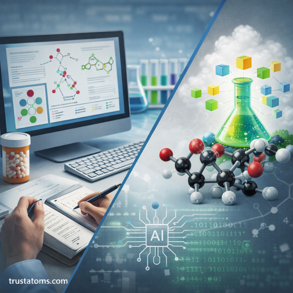 Split illustration showing chemical data analysis on a computer and molecular modeling with AI assisting chemical research.