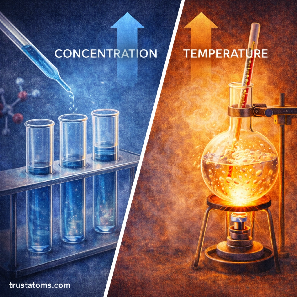 Split illustration showing factors that affect chemical reaction rates, including concentration changes in test tubes and temperature increase using a heated laboratory flask.