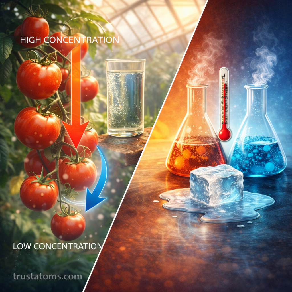 Split illustration showing particle diffusion from high concentration to low concentration and phase equilibrium between warm and cold chemical systems.