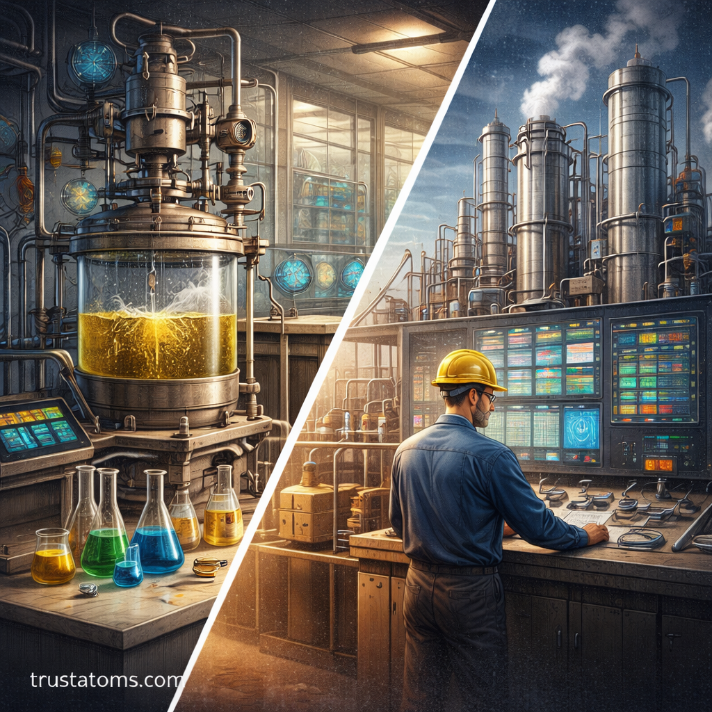 Illustration comparing laboratory chemical reactor setup with large industrial chemical processing plant.