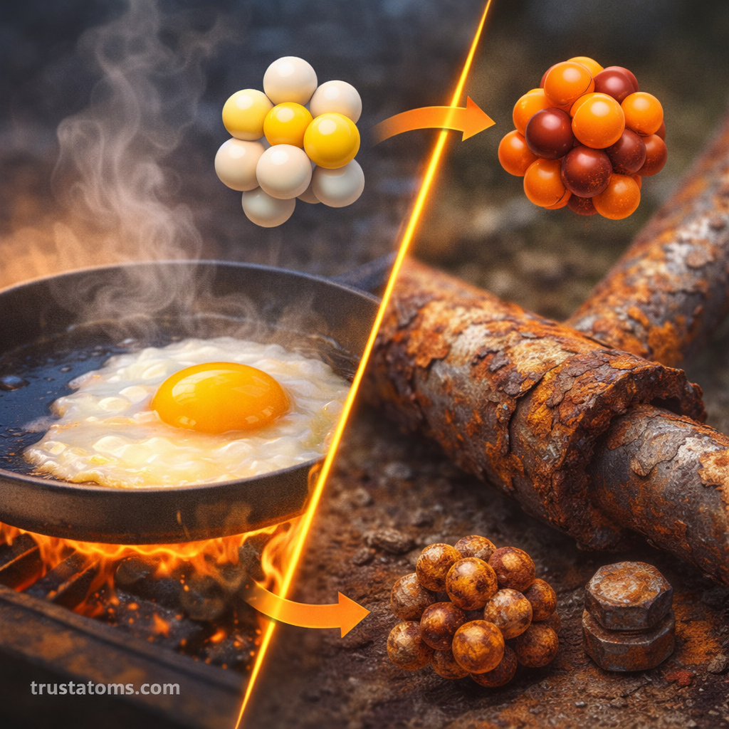 Diagonal split illustration showing an egg cooking in a pan over heat and rust forming on metal, representing everyday examples of chemical reactions, with trustatoms.com watermark.