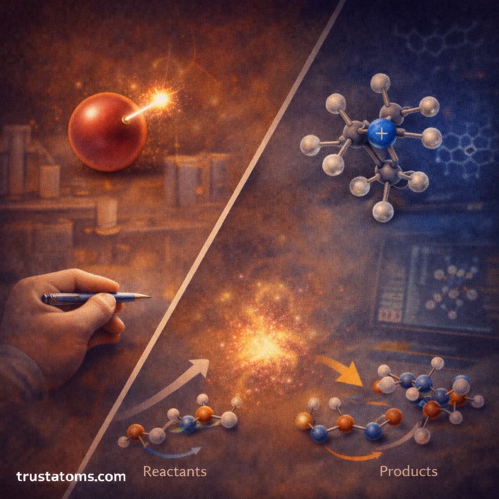 Split illustration showing reaction intermediates in chemical dynamics, including a free radical and a positively charged molecular intermediate during a complex reaction.