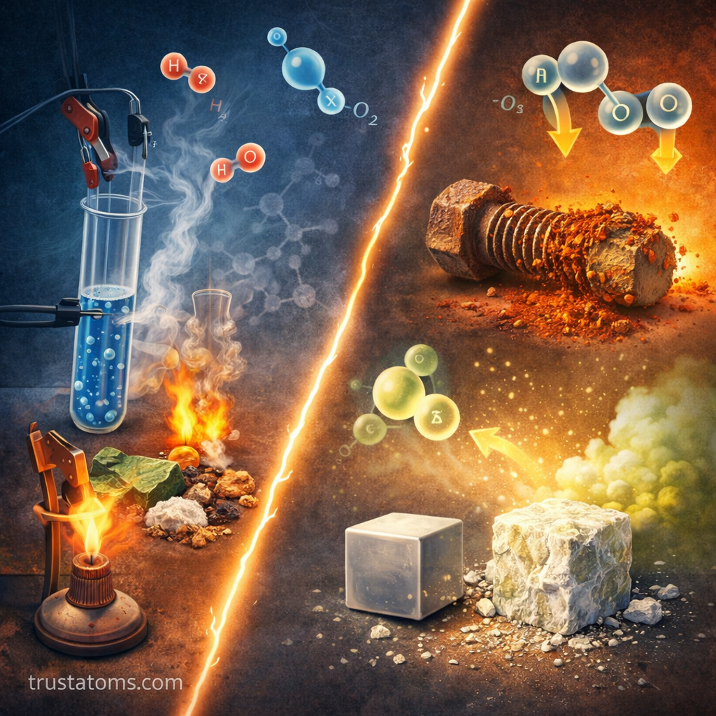 Split illustration showing decomposition on one side and synthesis reactions on the other, with laboratory heating and rust formation examples.