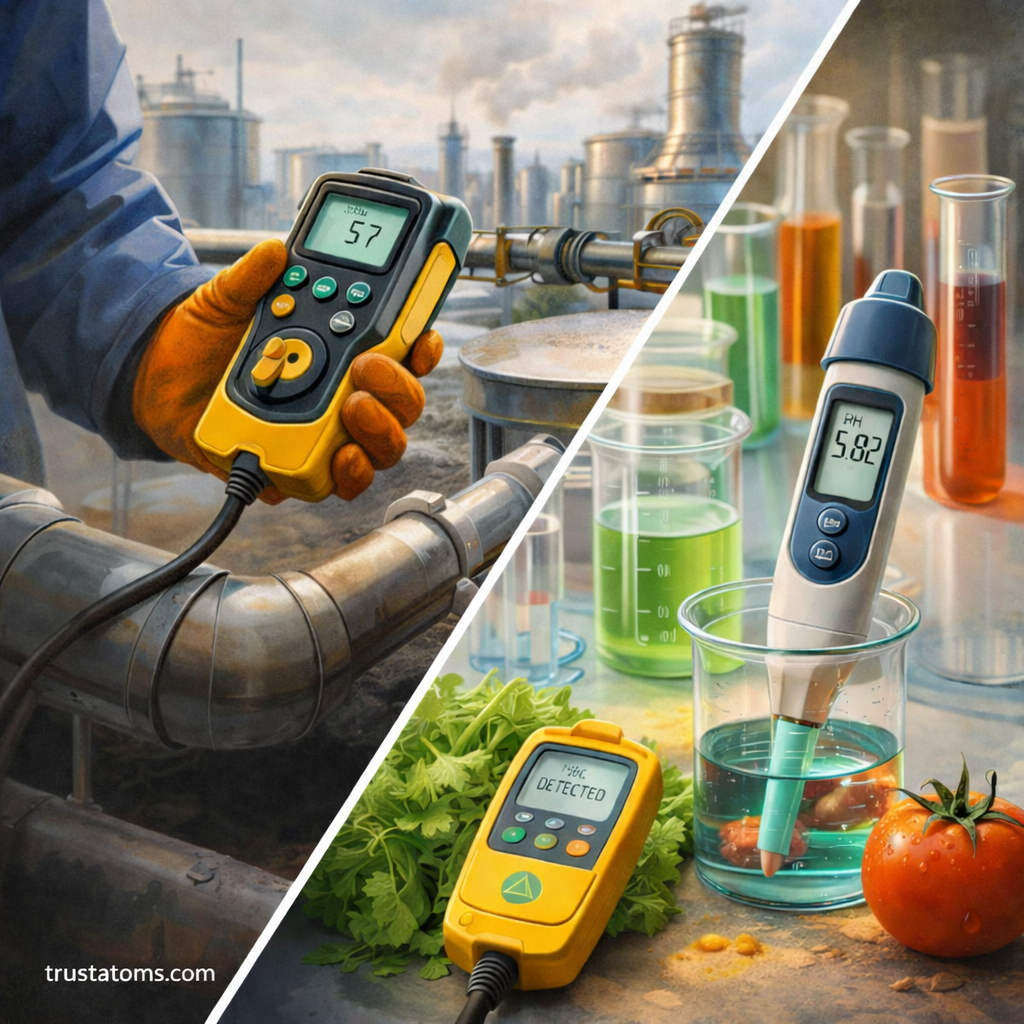 Illustration showing chemical sensors used for industrial gas monitoring and laboratory food safety testing.