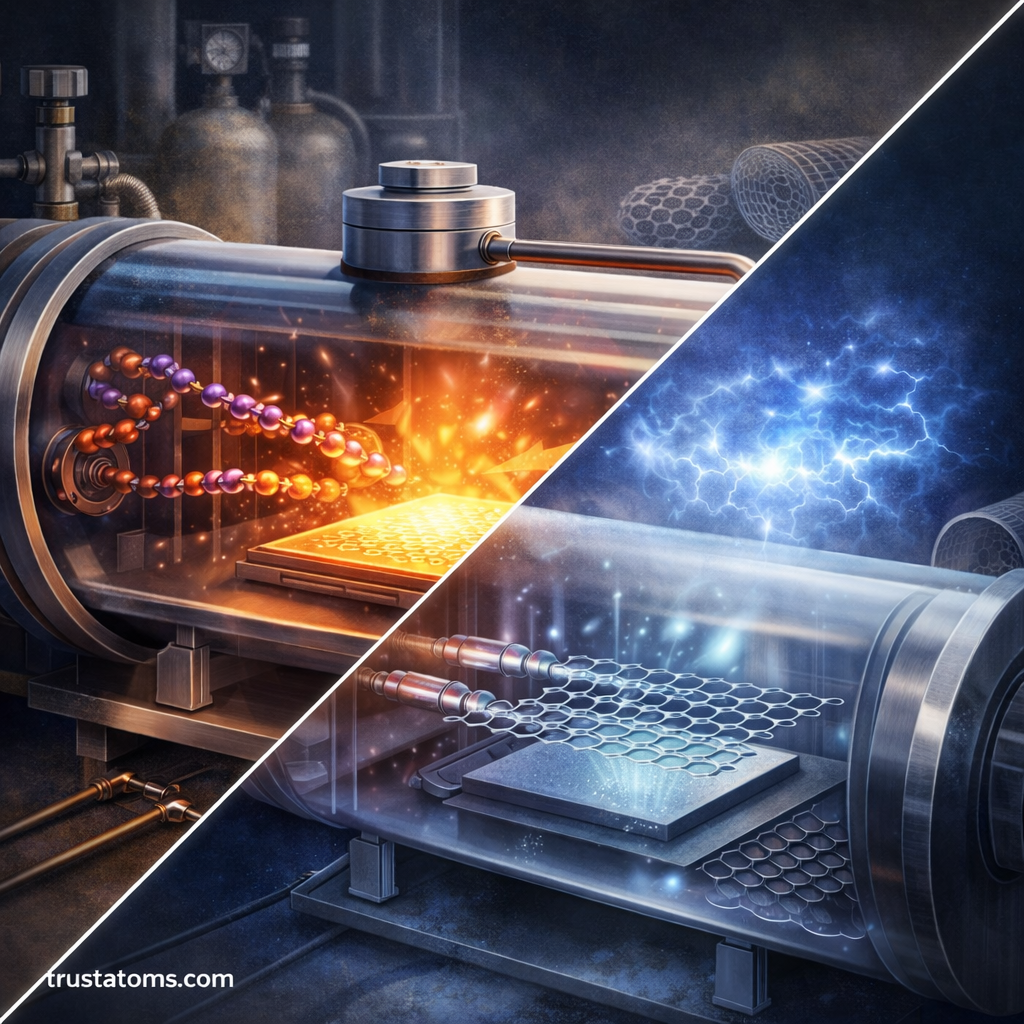 Split illustration showing two chemical vapor deposition processes with gases forming thin films and graphene layers on heated substrates inside reaction chambers.