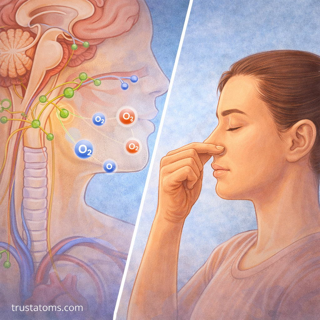 Split illustration showing brainstem chemoreceptors detecting gas levels and a person controlling breathing voluntarily.