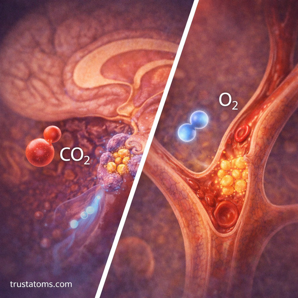 Split illustration showing central chemoreceptors in the brain detecting carbon dioxide and peripheral chemoreceptors in arteries sensing oxygen levels.