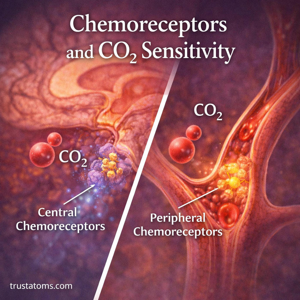 Illustration showing central chemoreceptors in the brain and peripheral chemoreceptors in arteries detecting carbon dioxide levels.
