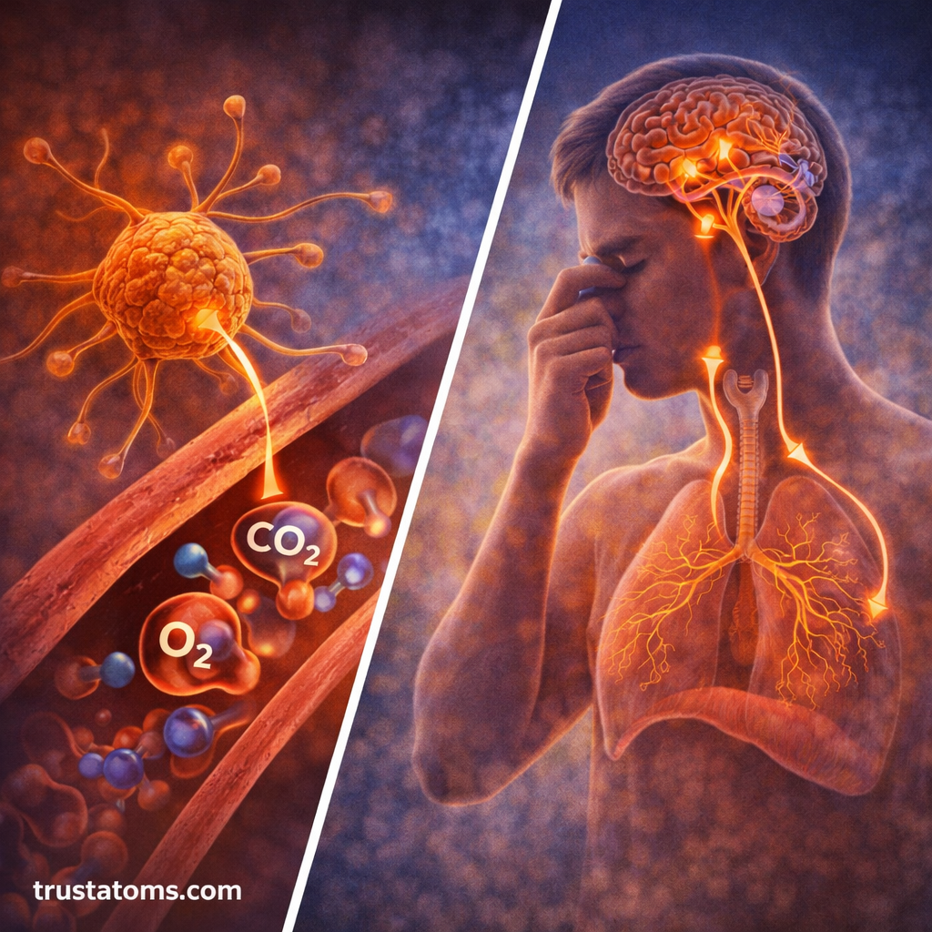 Split illustration showing chemoreceptors detecting oxygen and carbon dioxide levels and voluntary control of breathing in the brain and lungs.