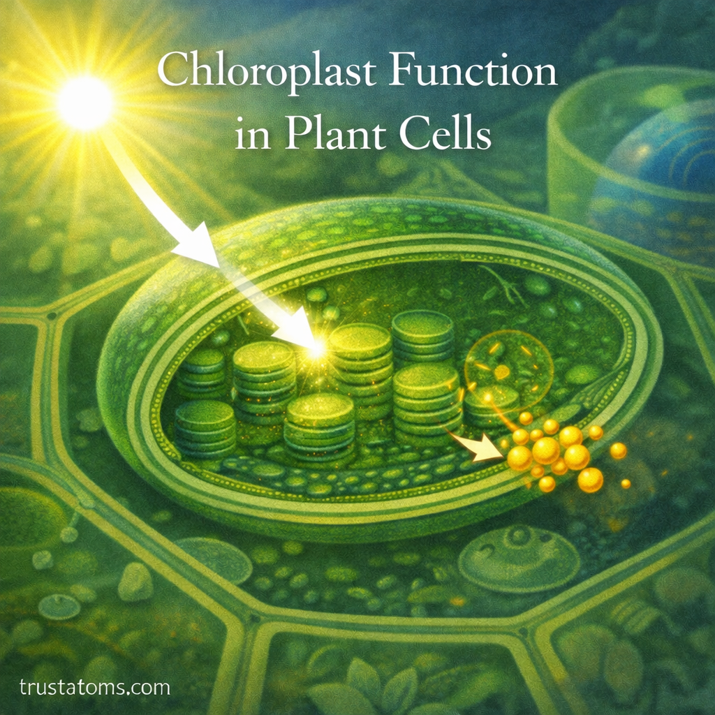 Illustration showing a chloroplast inside a plant cell capturing sunlight and producing sugars through photosynthesis.