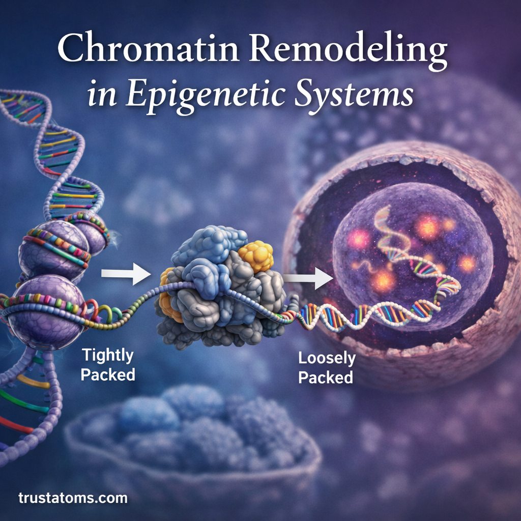 Illustration showing chromatin remodeling where DNA wrapped around histones transitions from tightly packed chromatin to a more open structure inside the cell nucleus.