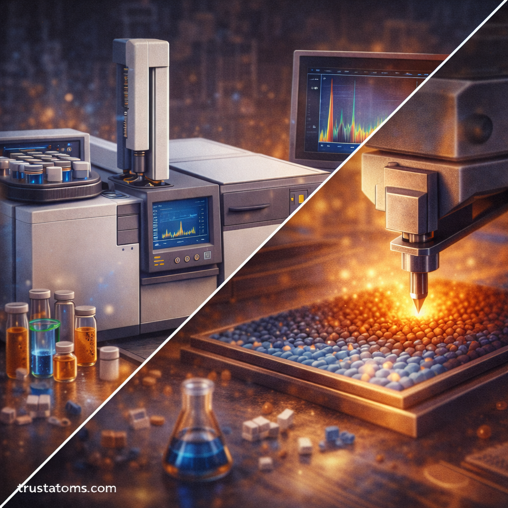 Split illustration showing a chromatography mass spectrometry system and an atomic force microscope analyzing a nanoscale surface.