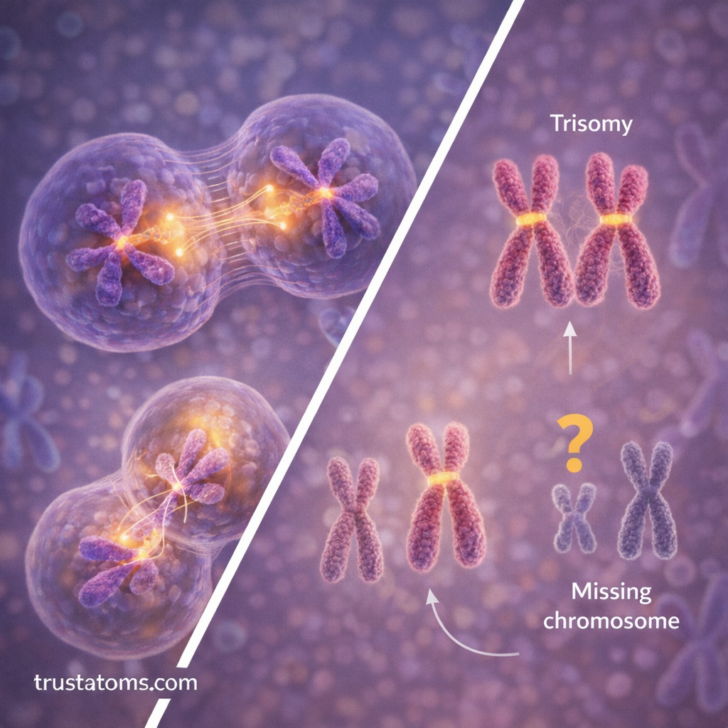 Split scientific diagram showing chromosome separation during cell division and examples of chromosomal abnormalities such as trisomy and missing chromosomes.