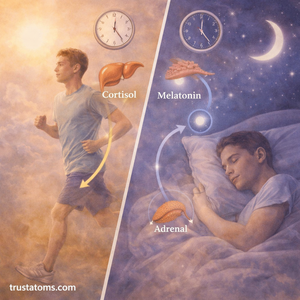Split illustration showing daytime activity with cortisol and nighttime sleep with melatonin in circadian rhythm cycle.