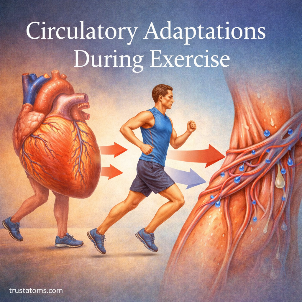 Illustration showing increased heart activity, blood flow to muscles, and oxygen delivery during exercise.