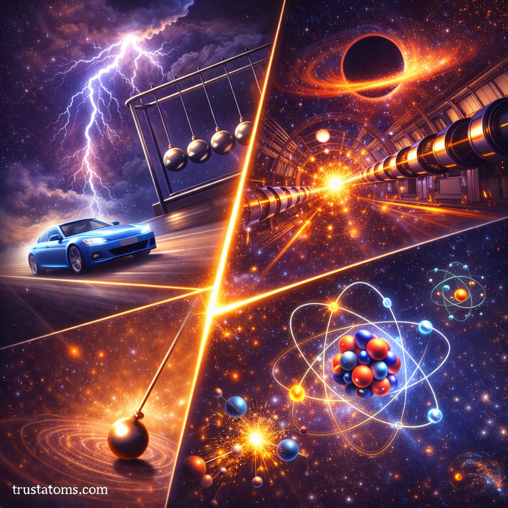 Educational split diagram comparing classical physics examples like motion and electricity with modern physics concepts like particle accelerators and atoms.