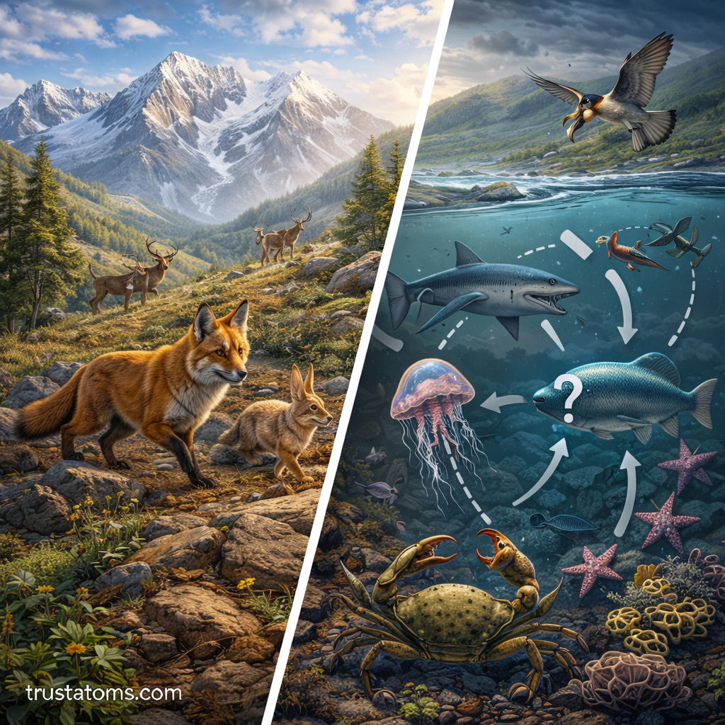 Split illustration showing wildlife migrating to cooler mountain habitats on one side and a disrupted ecosystem food web with changing species interactions on the other.