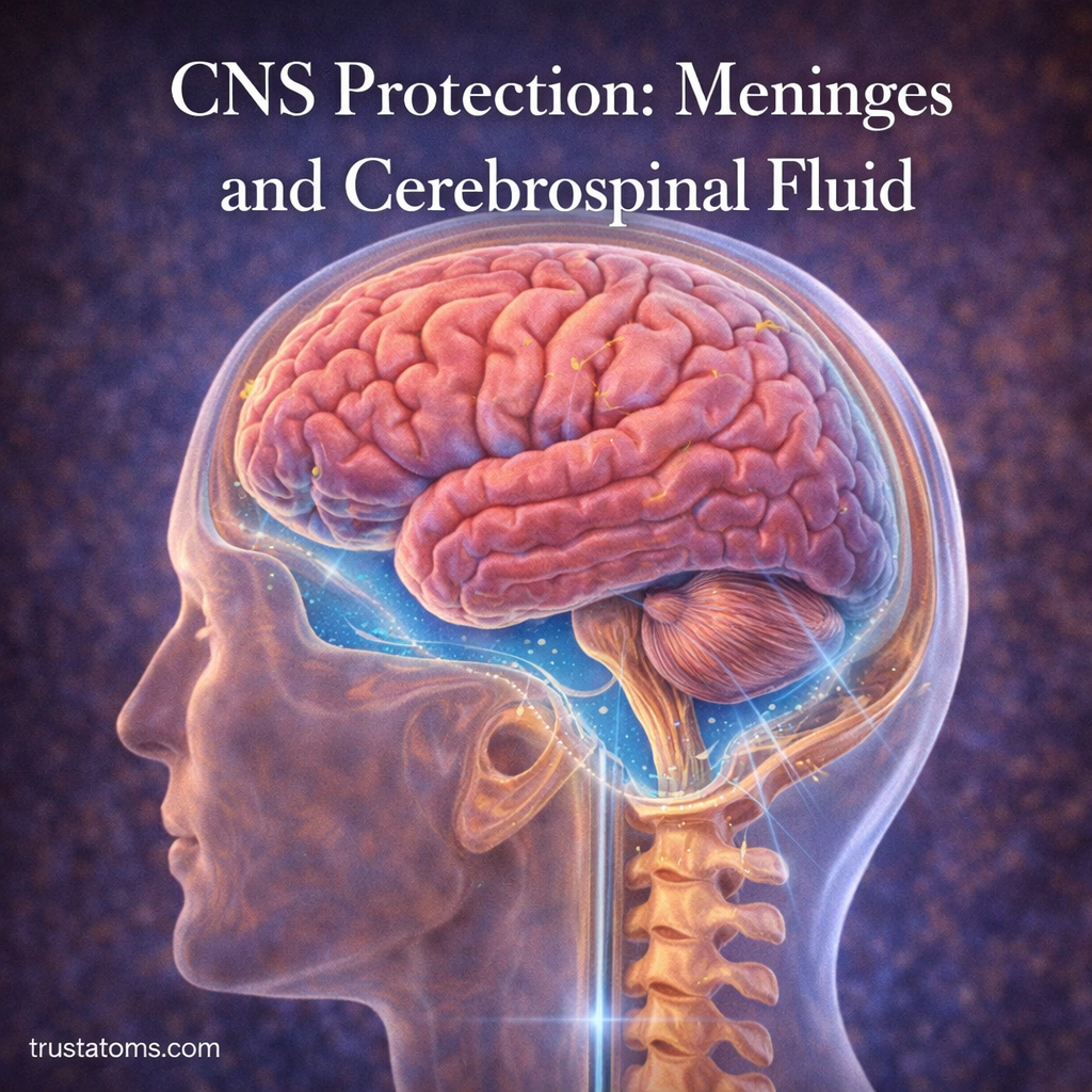 Illustration showing the brain and spinal cord protected by the meninges and surrounded by cerebrospinal fluid.