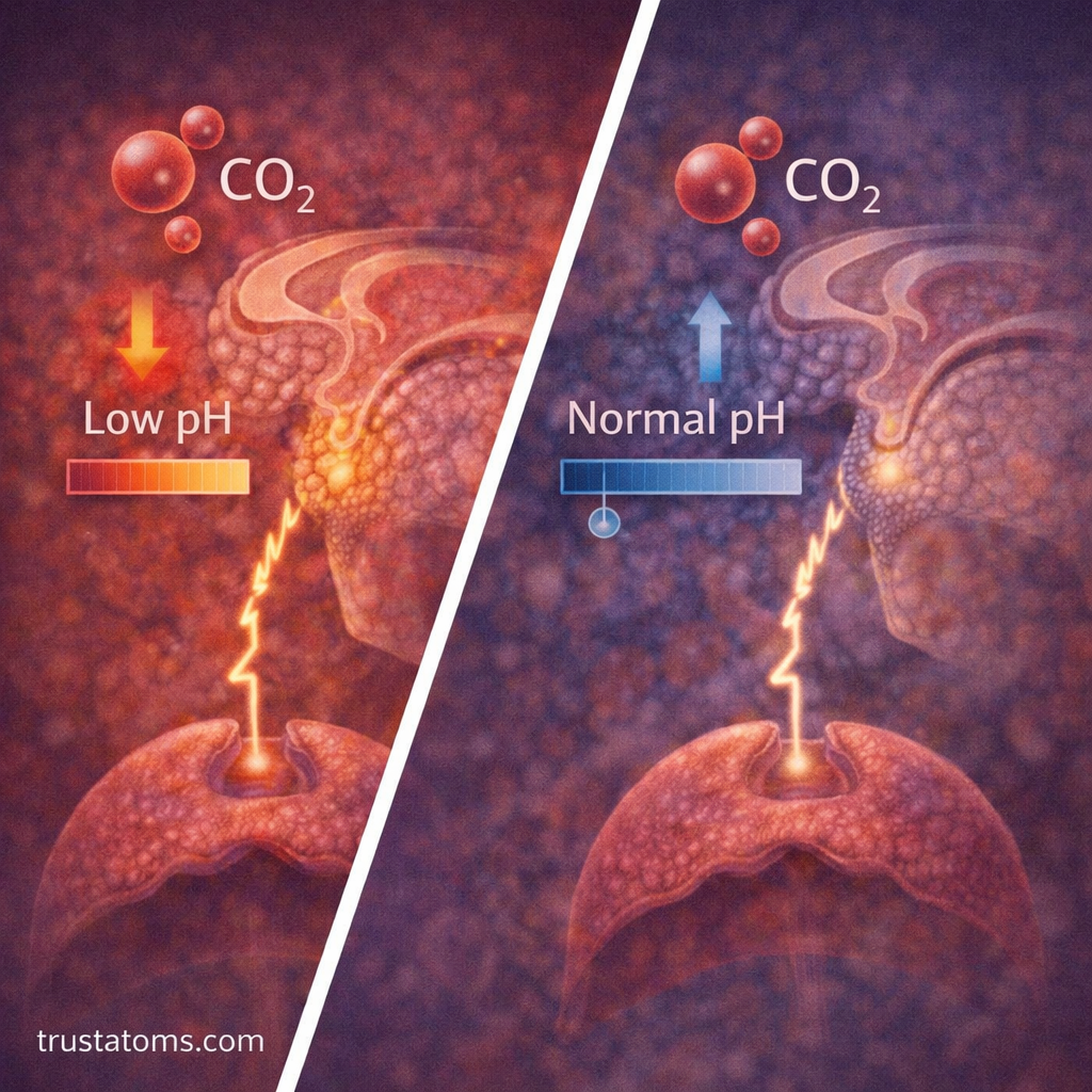 Split illustration showing high carbon dioxide levels lowering pH and increasing breathing on one side and normal CO2 levels with stable breathing on the other.