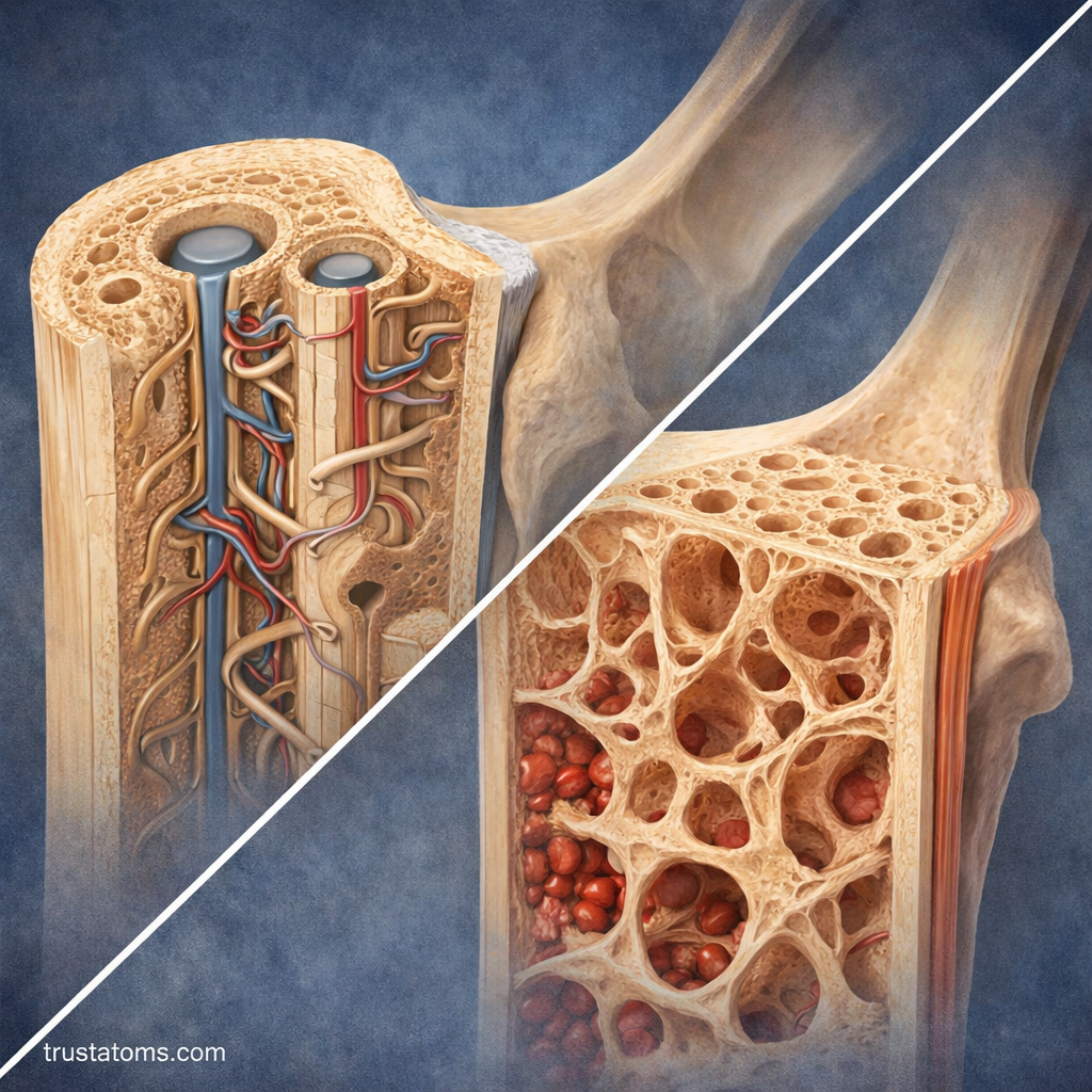 Diagonal split illustration showing compact bone with dense structure and spongy bone with porous trabecular network and bone marrow.
