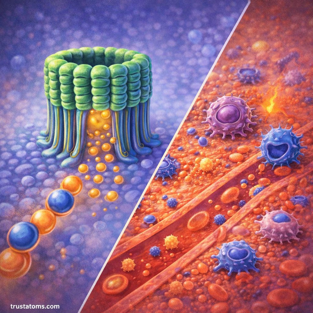 Split illustration showing membrane attack complex formation on a pathogen and immune inflammation response in surrounding tissue.