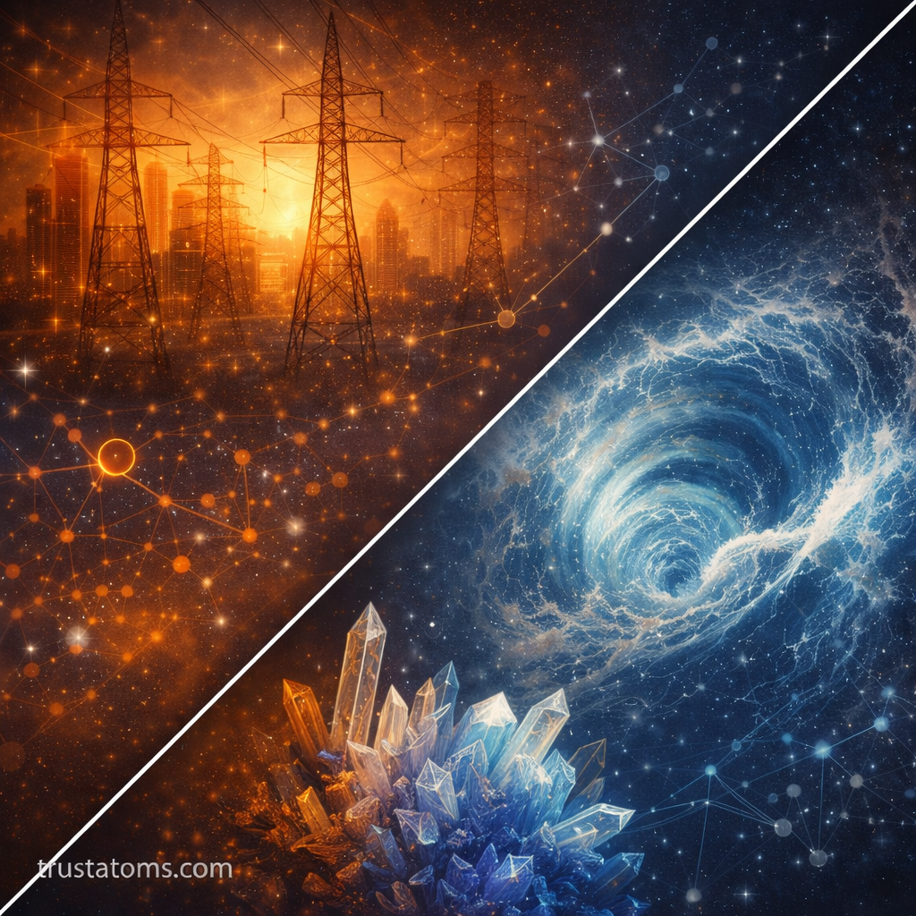 Diagonal split illustration of an electrical power grid network and a turbulent vortex with crystal structures representing complex systems in applied physics.
