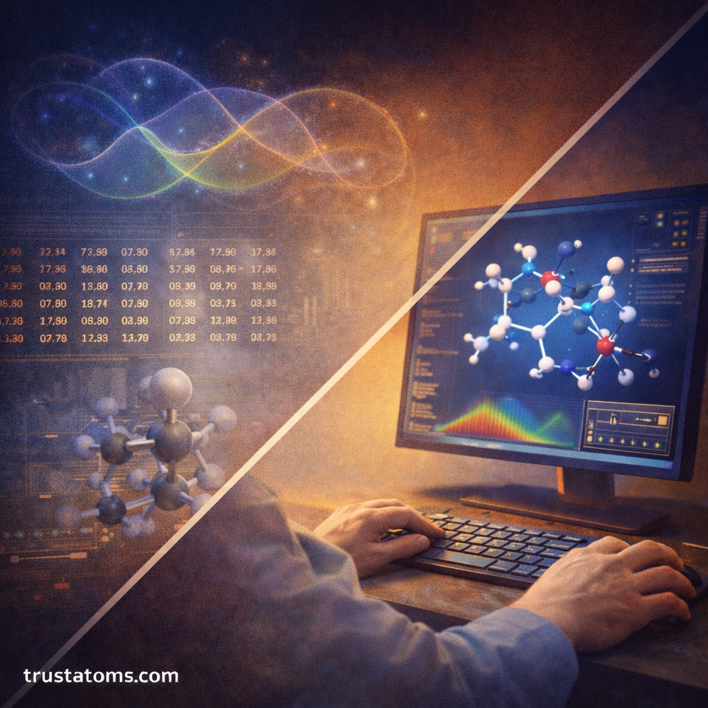 Split illustration showing computational chemistry simulations with molecular modeling software and digital molecular structures analyzed on a computer.
