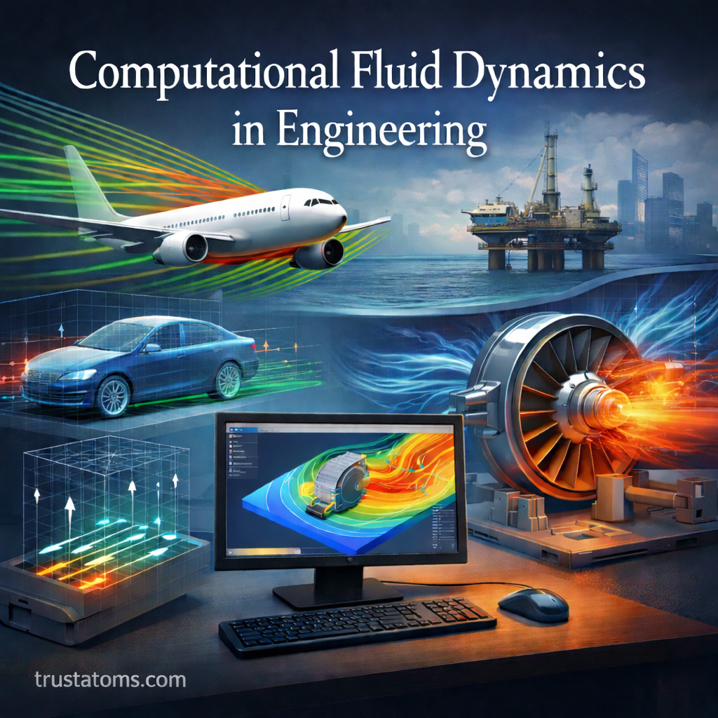 Illustration of computational fluid dynamics in engineering showing airflow over an airplane and car, turbine simulation, and CFD software visualization.