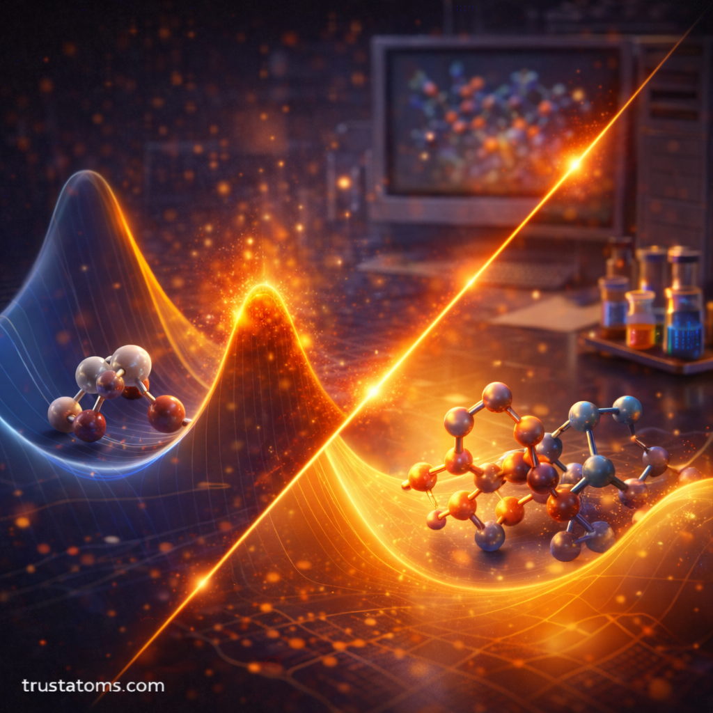 Split illustration showing computational reaction modeling with a potential energy surface and molecular structures transitioning during a simulated chemical reaction.
