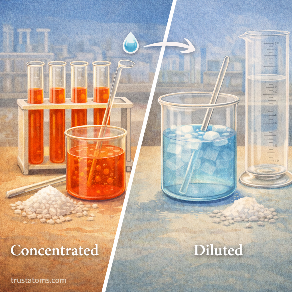 Diagonal split illustration comparing a concentrated solution and a diluted solution in laboratory glassware.