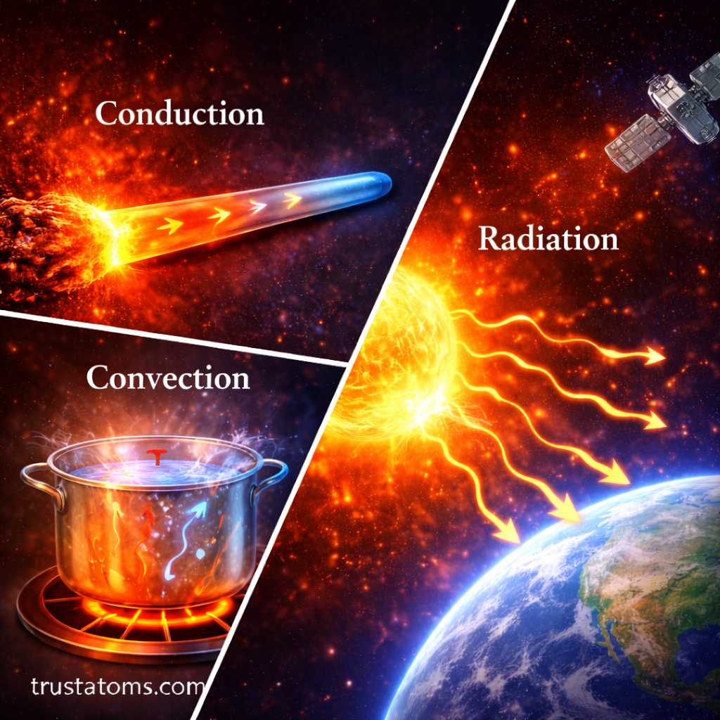 Diagonal split illustration comparing conduction, convection, and radiation heat transfer mechanisms, featuring trustatoms.com watermark.