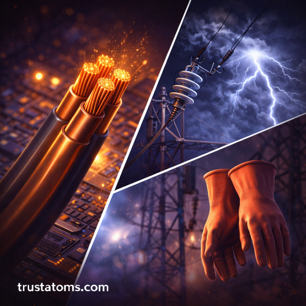Split illustration showing copper wires conducting electricity alongside power line insulators and protective rubber gloves used to block electric current.
