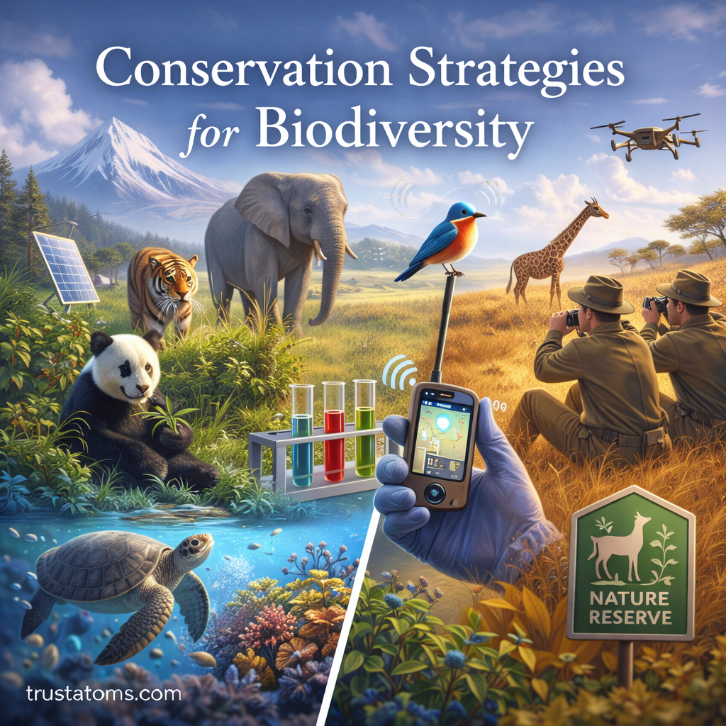 Illustration showing wildlife, ecosystems, and conservation efforts representing strategies for protecting global biodiversity.