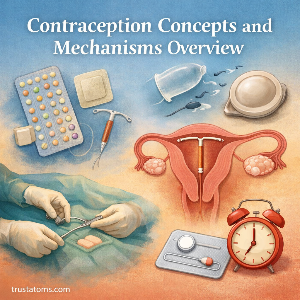 Illustration showing contraception methods and reproductive system diagram explaining how different birth control mechanisms work.