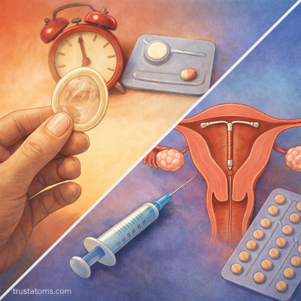 Split illustration comparing contraception methods including condoms, emergency pills, hormonal injections, and an IUD inside the uterus.