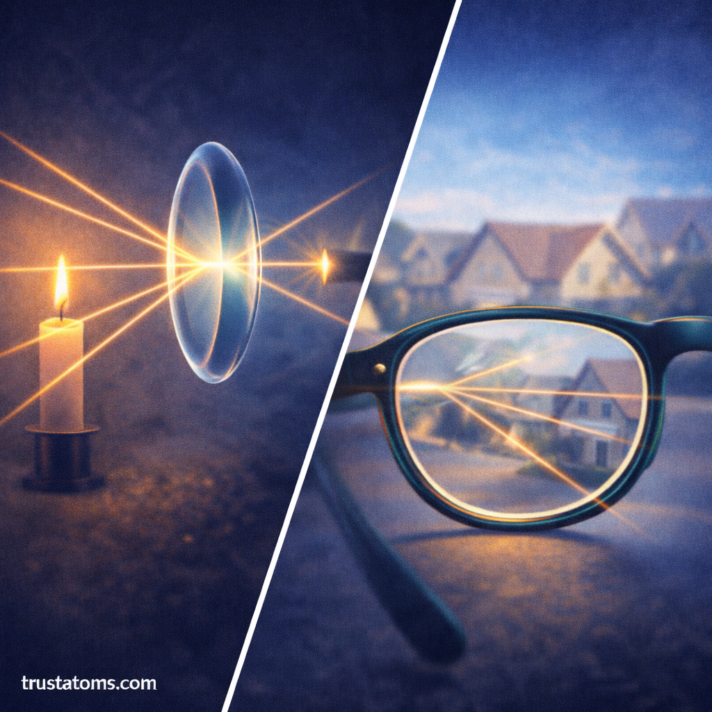 Split illustration showing a convex lens focusing candlelight and eyeglasses using a concave lens to spread light rays.